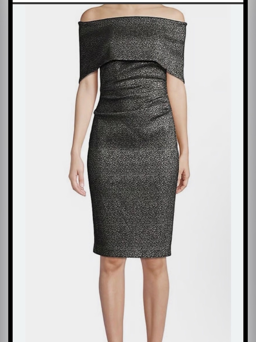 Vince Camuto Metallic Off-Shoulder Sheath Dress in Black and Silver